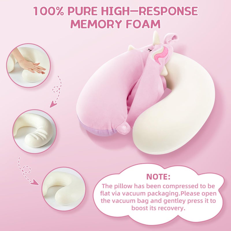 OBloved Kids Neck Pillow, Unicorn Kids Travel Neck Pillow for Traveling with Eye Mask, Toddler Travel Essentials for Road Trip Airplane Car Seat, Cute Headrest Memory Foam Pillows for Girl Gift (Pink) - Image 3