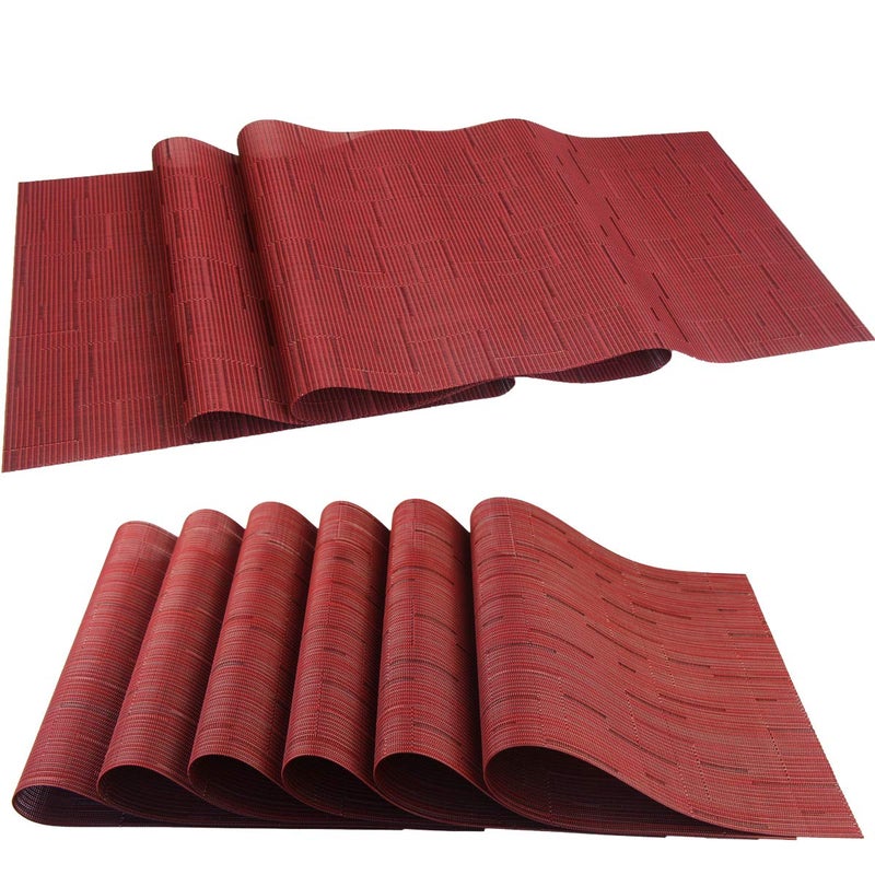 PIGCHCY Elegant Placemats with Matching Table Runner Washable Durable Placemats Crosswoven Vinyl Table mats Sets(6pcs Placemats+1pcs Table Runner Same Style Burgundy Red) - Image 1