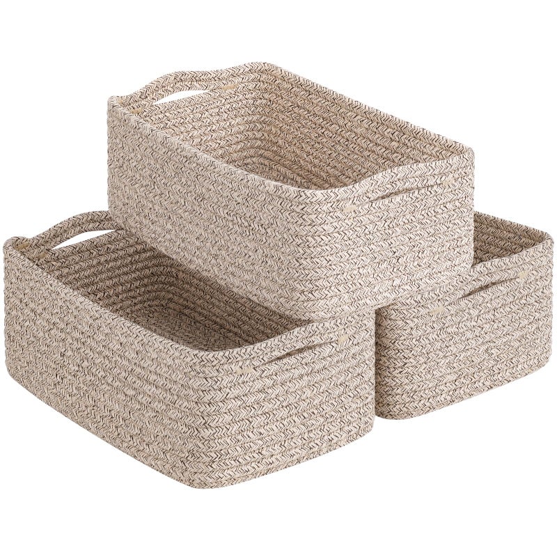 Goodpick Baskets for Organizing, Storage Basket for Shelves, Baskets for Gifts, Woven Bakset 3 Pack for Living Room, 11 x 7 x 4.5 in, White & Brown - Image 1