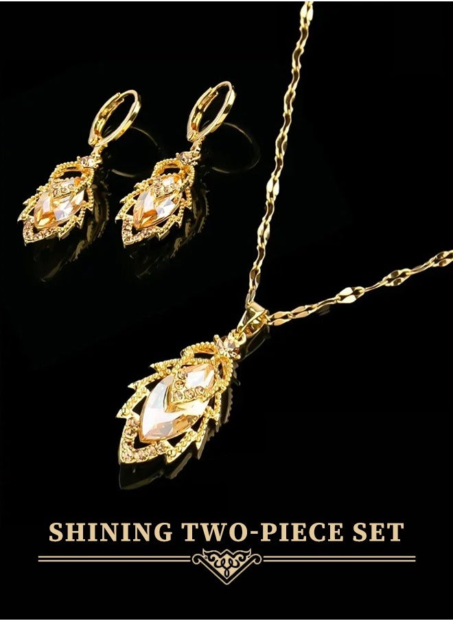 Generic 【Two-piece Set】Golden Drip Leaf Vein Zircon Jewelry Gift Box | Party Collarbone Chain + Sparkling Earrings Set, Perfect for Festive Luxury Gifts  - Image 1
