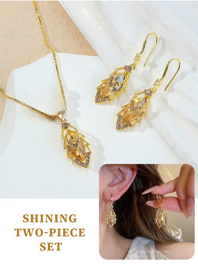 Generic 【Two-piece Set】Golden Drip Leaf Vein Zircon Jewelry Gift Box | Party Collarbone Chain + Sparkling Earrings Set, Perfect for Festive Luxury Gifts  - Image 4