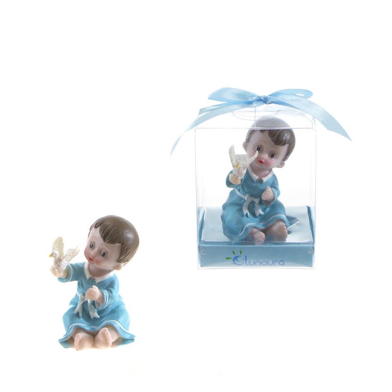 Lunaura Religious Keepsake  Set of 12 Boy Toddler in Robe Holding Dove Favors  Blue