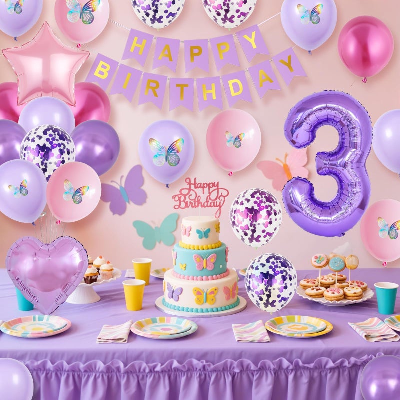 Vibzox 3rd Birthday Decoration for Girls,Pink Purple 3rd Birthday Balloon Number 3 Balloon with Butterfly Stickers Star Heart Foil Balloons Banner Princess Party Decoration for 3 Year Old Party - Image 3