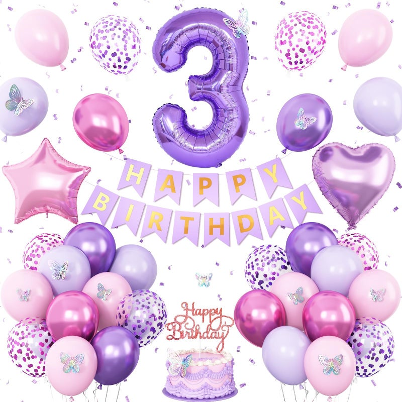 Vibzox 3rd Birthday Decoration for Girls,Pink Purple 3rd Birthday Balloon Number 3 Balloon with Butterfly Stickers Star Heart Foil Balloons Banner Princess Party Decoration for 3 Year Old Party - Image 1