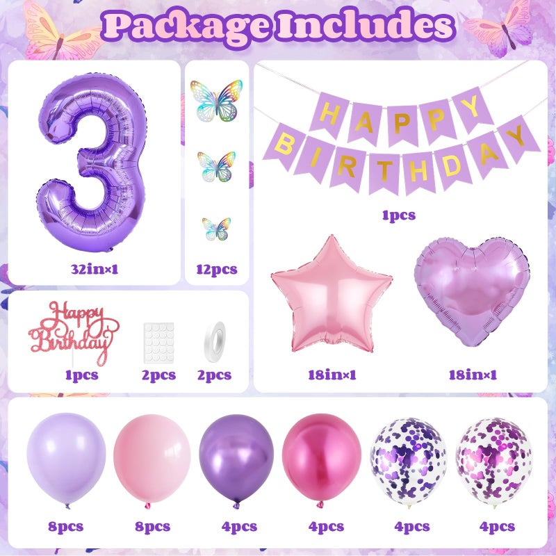 Vibzox 3rd Birthday Decoration for Girls,Pink Purple 3rd Birthday Balloon Number 3 Balloon with Butterfly Stickers Star Heart Foil Balloons Banner Princess Party Decoration for 3 Year Old Party - Image 2