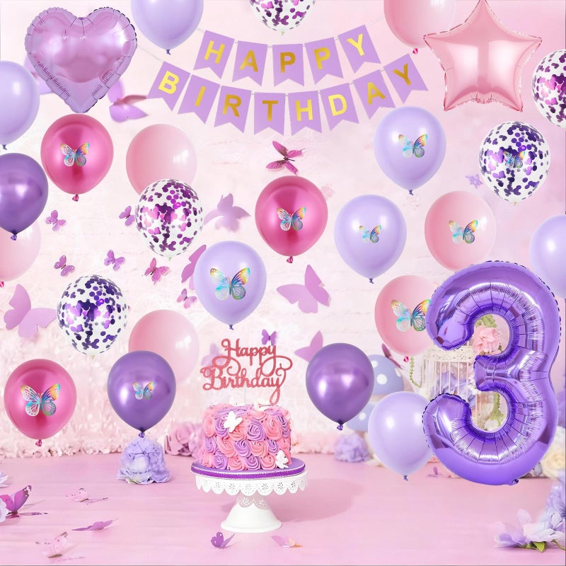 Vibzox 3rd Birthday Decoration for Girls,Pink Purple 3rd Birthday Balloon Number 3 Balloon with Butterfly Stickers Star Heart Foil Balloons Banner Princess Party Decoration for 3 Year Old Party - Image 5