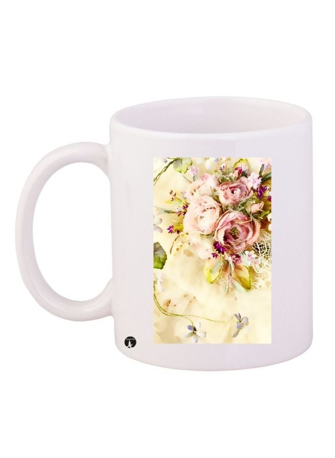RYN Flower Printed Coffee Mug White/Beige/Green 11ounce