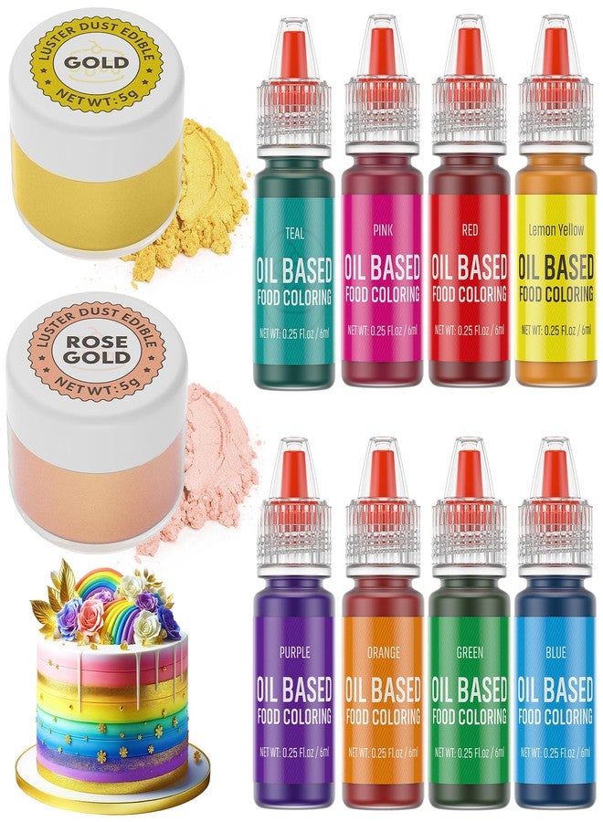 DaCool Luster Dust 2 Color & Oil Based Food Coloring for Chocolate 8 Color Set, Edible Food Dye and Shimmer Cake Dust Metallic Food Coloring Powder Glitter for Chocolate Candy Cake Decorating Baking Cookie - Image 1