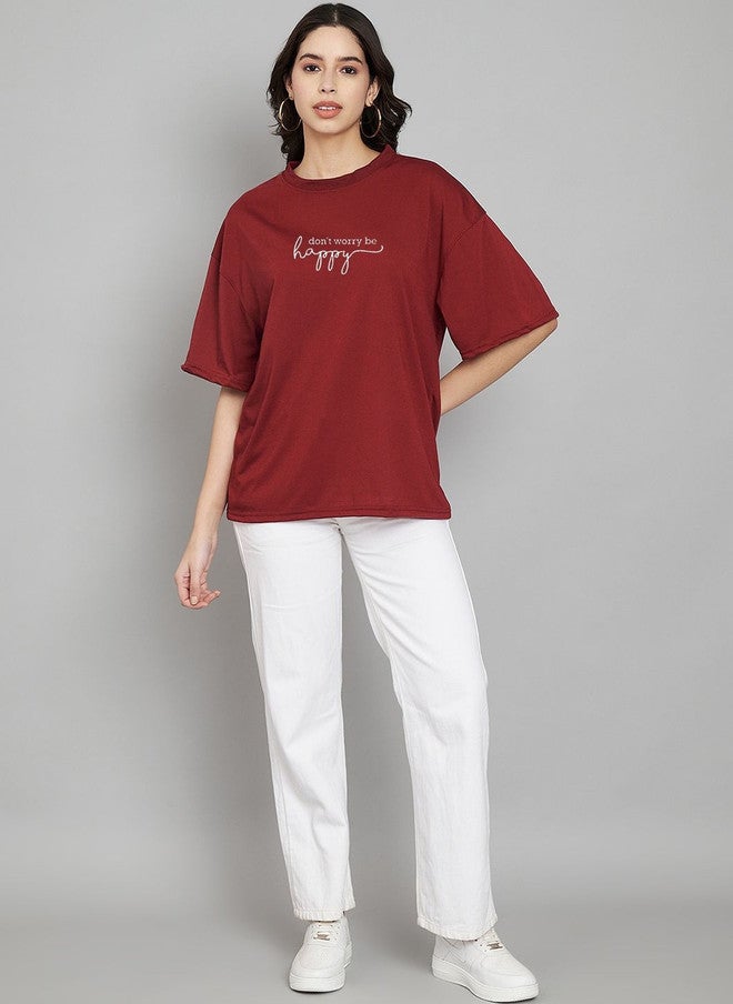 TREND LEVEL Maroon Typography Printed Drop-Shoulder T-shirt for Women - Image 5