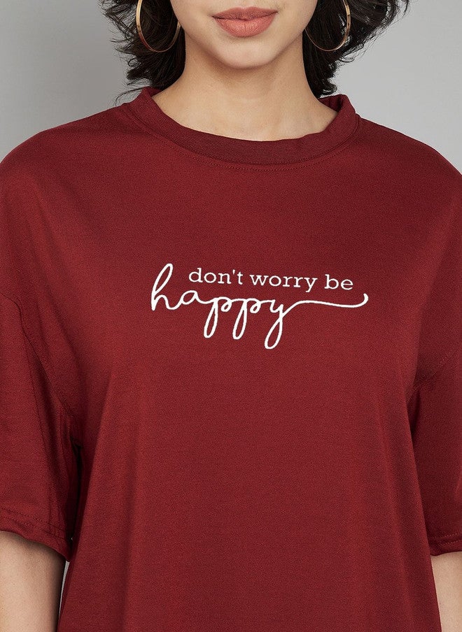 TREND LEVEL Maroon Typography Printed Drop-Shoulder T-shirt for Women - Image 2