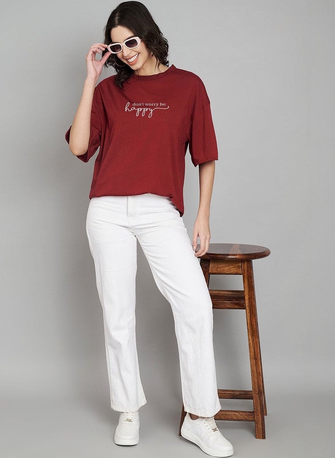 TREND LEVEL Maroon Typography Printed Drop-Shoulder T-shirt for Women - Image 4