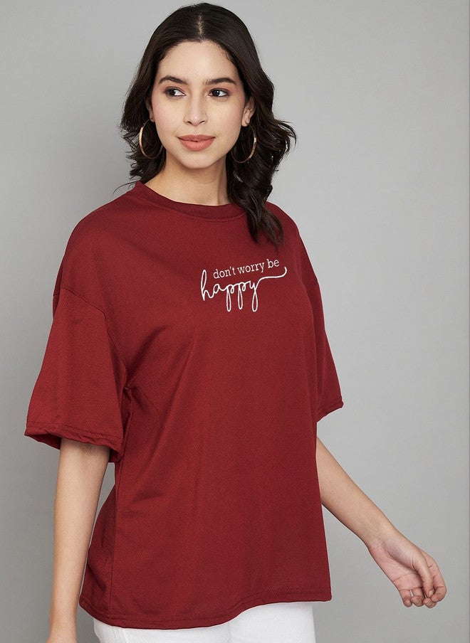 TREND LEVEL Maroon Typography Printed Drop-Shoulder T-shirt for Women - Image 3