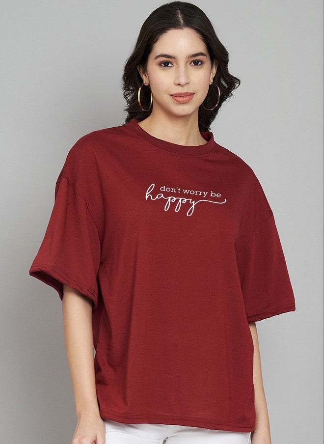 TREND LEVEL Maroon Typography Printed Drop-Shoulder T-shirt for Women - Image 1