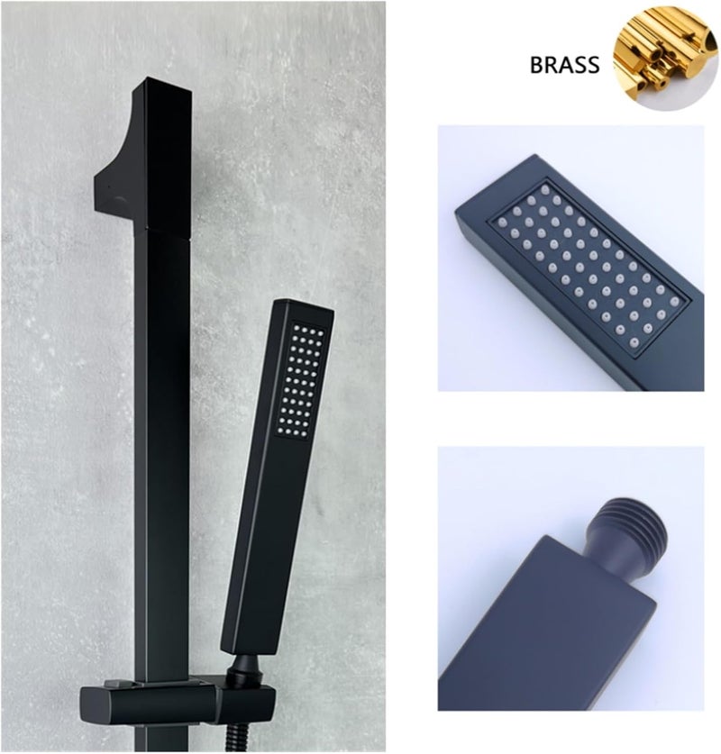 Bathroom Shower Bar Set Square Stainless Steel Sliding Adjustable Bar Brass Handheld Shower with Connector 1.5m Hose Black White(Black W Outlet) - Image 4