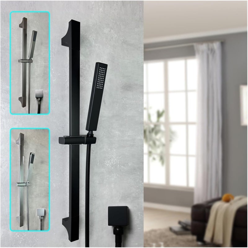 Bathroom Shower Bar Set Square Stainless Steel Sliding Adjustable Bar Brass Handheld Shower with Connector 1.5m Hose Black White(Black W Outlet) - Image 2
