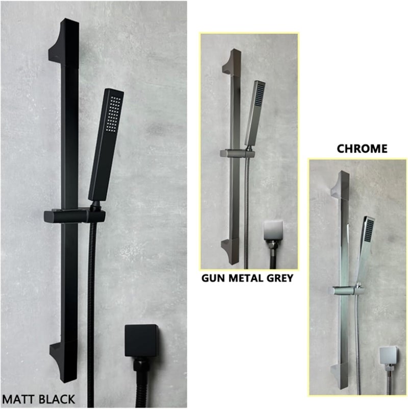Bathroom Shower Bar Set Square Stainless Steel Sliding Adjustable Bar Brass Handheld Shower with Connector 1.5m Hose Black White(Black W Outlet) - Image 1