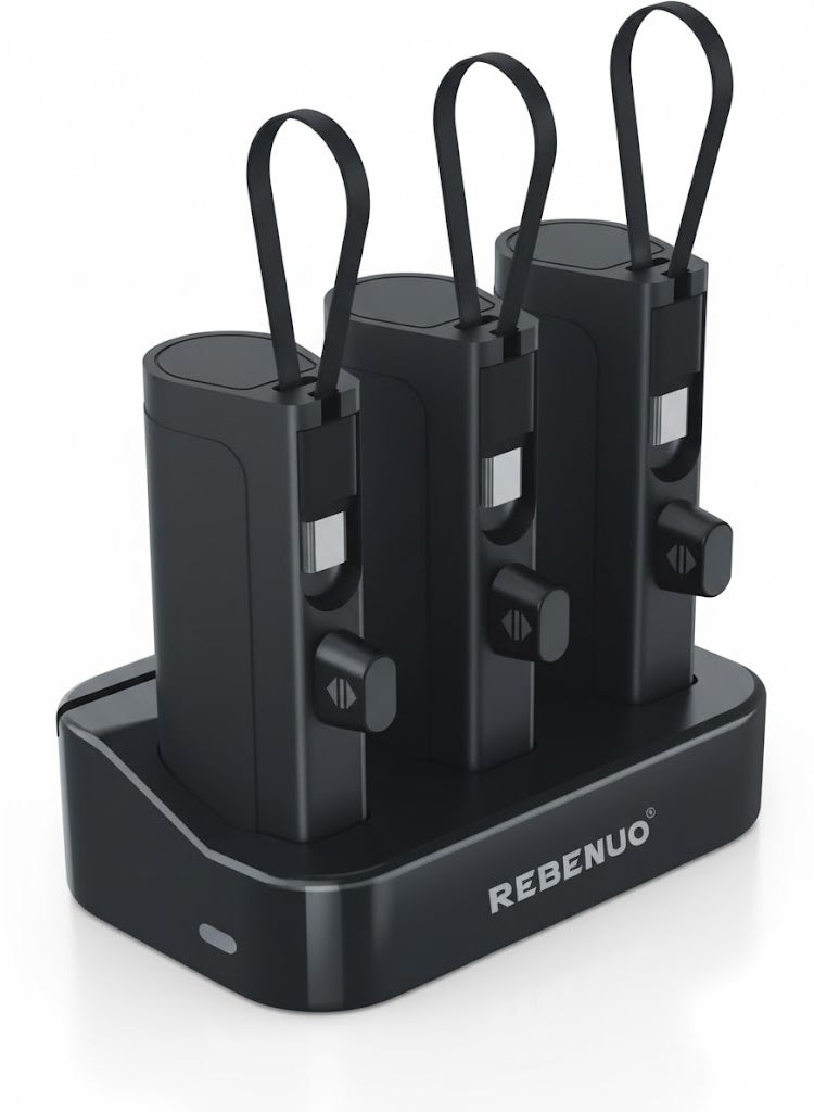 REBENUO 3-in-1 Power Bank Charging Station – Triple 5000mAh Portable Chargers with Built-in Type-C & Lightning Cables, Fast Charging Power Bank Set for iPhone, Android & USB-C Devices – Compact Charging Dock - Image 1