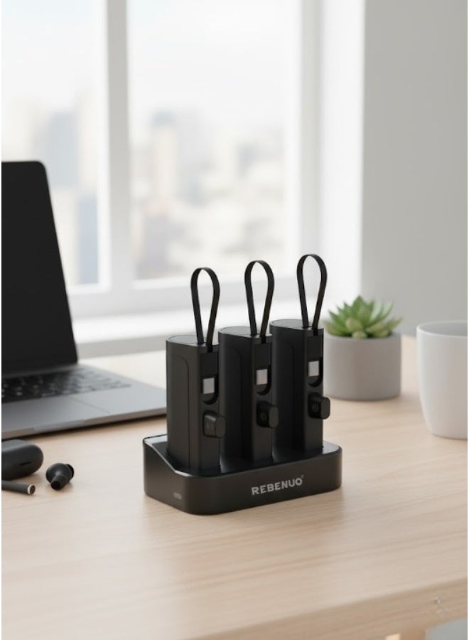REBENUO 3-in-1 Power Bank Charging Station – Triple 5000mAh Portable Chargers with Built-in Type-C & Lightning Cables, Fast Charging Power Bank Set for iPhone, Android & USB-C Devices – Compact Charging Dock - Image 2
