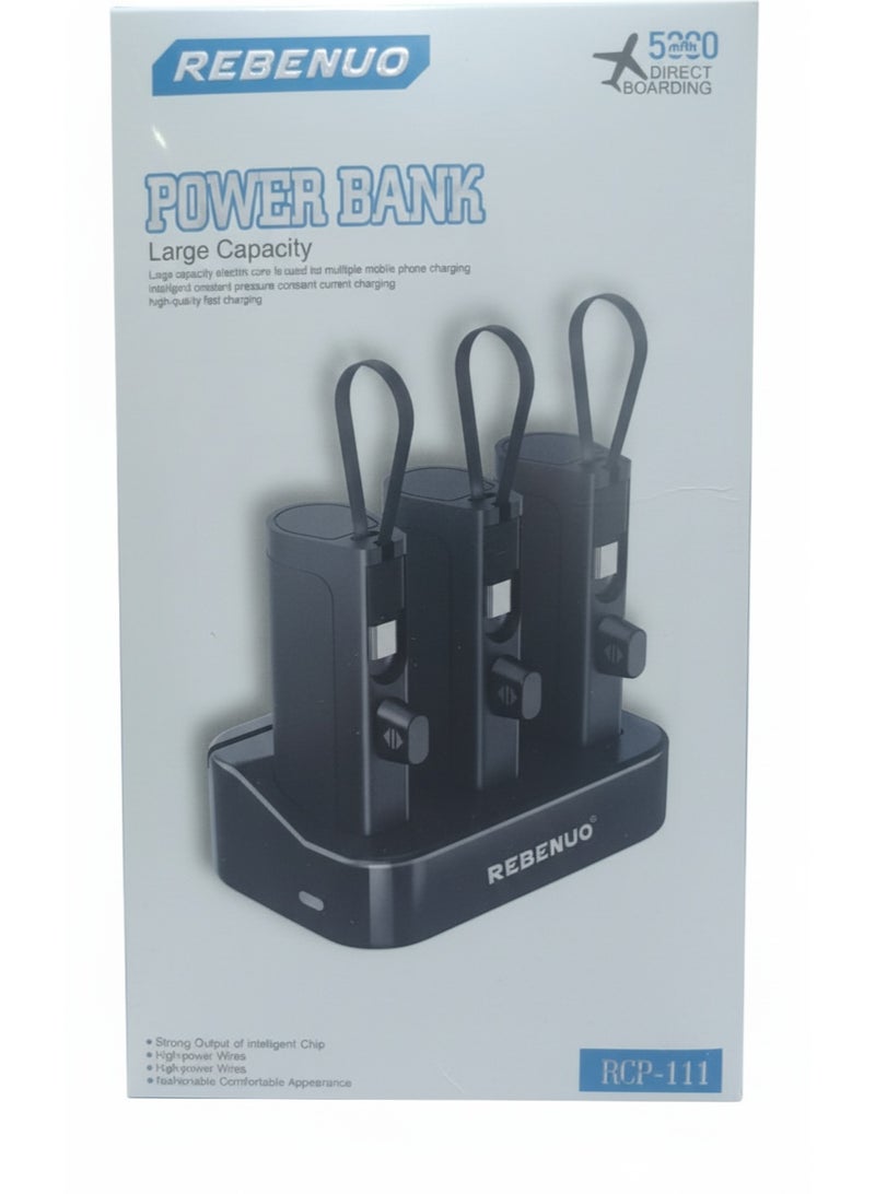 REBENUO 3-in-1 Power Bank Charging Station – Triple 5000mAh Portable Chargers with Built-in Type-C & Lightning Cables, Fast Charging Power Bank Set for iPhone, Android & USB-C Devices – Compact Charging Dock - Image 4