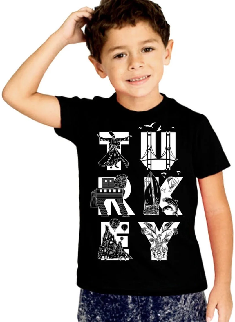 Rock&Roll Turkey Letters Black Short Sleeve Unisex Kids T-Shirt