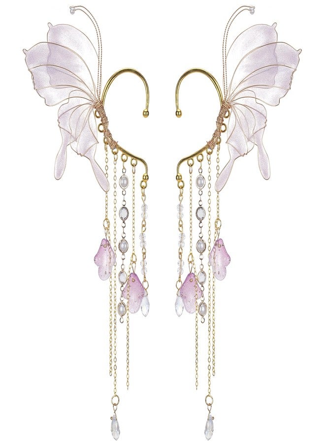 FRESHME Butterfly Elf Ear Cuffs - Fairy Ear Cuffs with Tassel Non Pierced Mermaid Ears for Women Renaissance Accessories (Purple) - Image 1