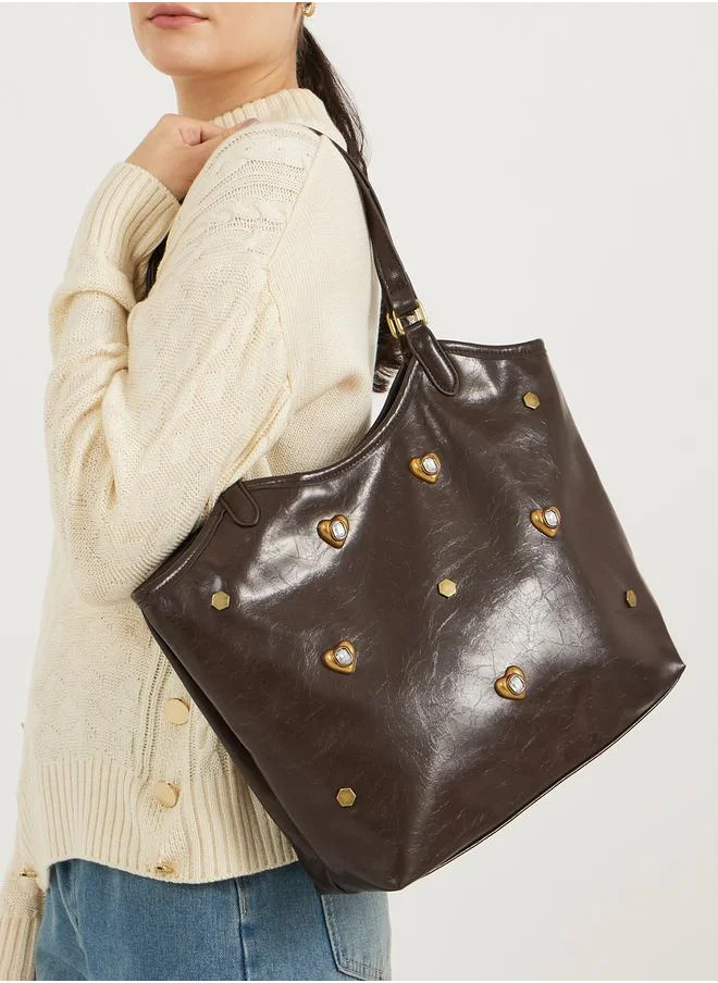 Styli Textured Embellished Shoulder Bag with Zip Closure