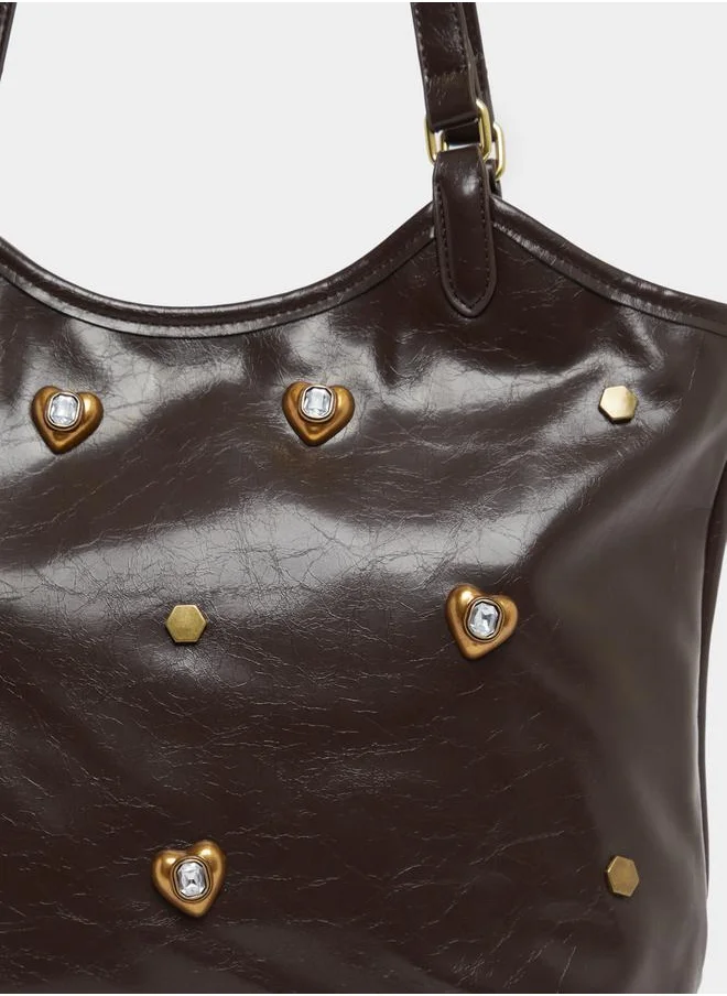 Styli Textured Embellished Shoulder Bag with Zip Closure