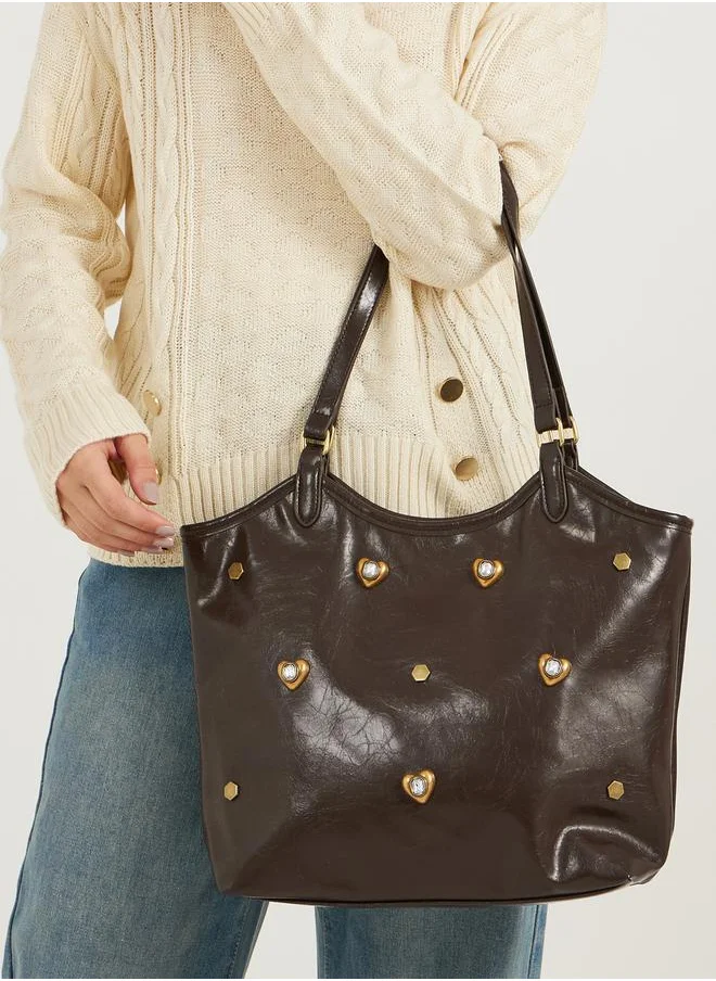 Styli Textured Embellished Shoulder Bag with Zip Closure