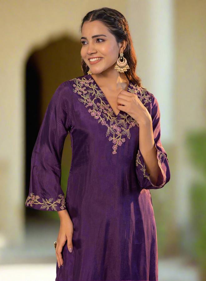 KASYA Purple Upada Silk Embroidered Tunic and Pants Co-Ords - Image 3