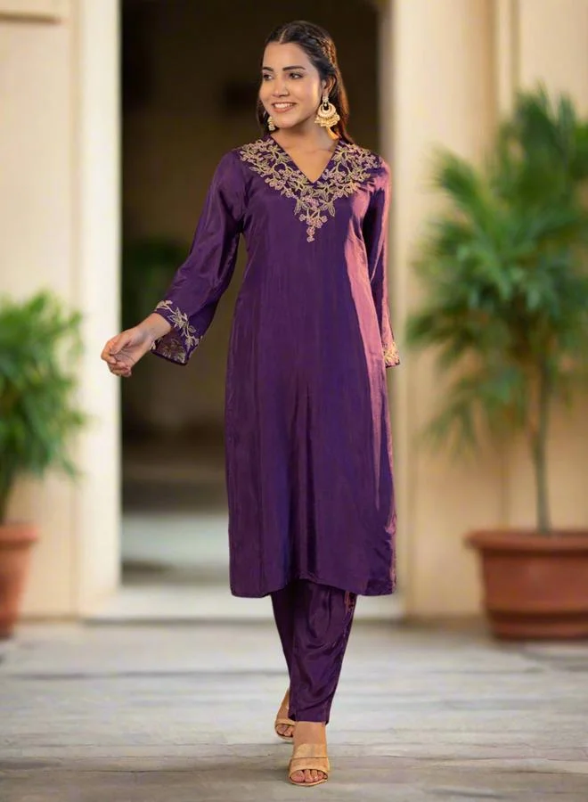 KASYA Purple Upada Silk Embroidered Tunic and Pants Co-Ords