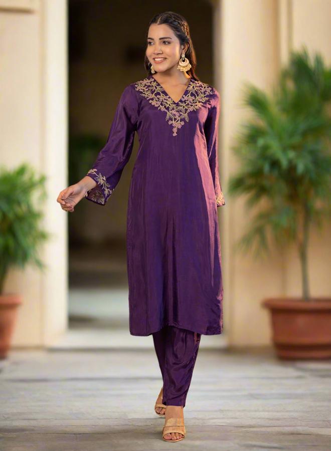KASYA Purple Upada Silk Embroidered Tunic and Pants Co-Ords - Image 2
