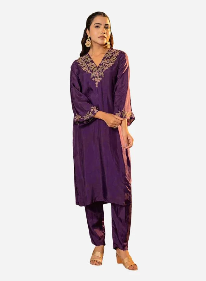 KASYA Purple Upada Silk Embroidered Tunic and Pants Co-Ords