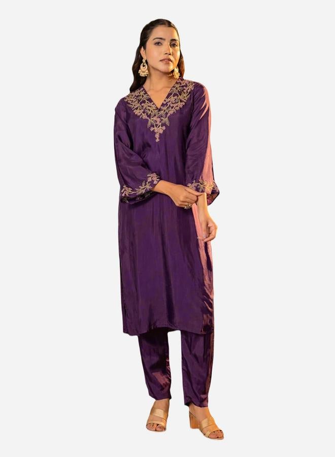 KASYA Purple Upada Silk Embroidered Tunic and Pants Co-Ords - Image 1