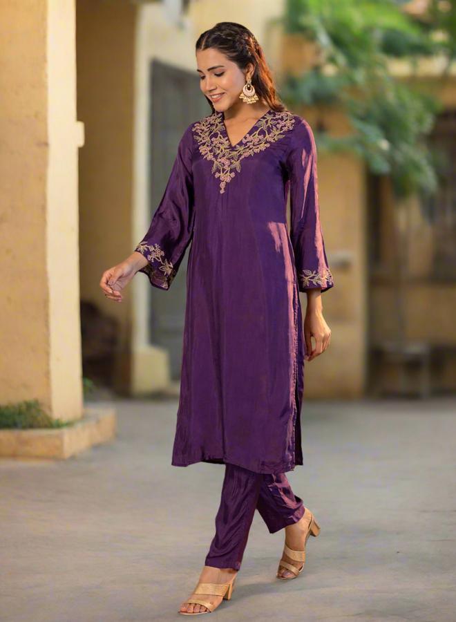 KASYA Purple Upada Silk Embroidered Tunic and Pants Co-Ords - Image 4