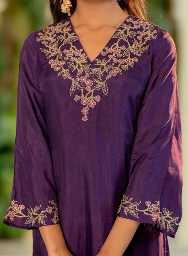 KASYA Purple Upada Silk Embroidered Tunic and Pants Co-Ords - Image 5