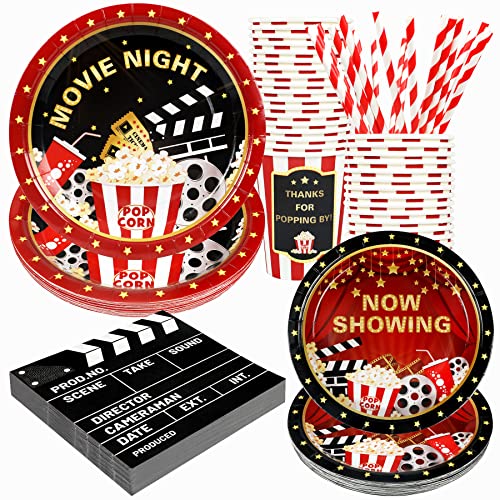Recheel Movie Night Party Supplies Decorations, Movie Theme Birthday Paper Plates and Napkins Set with Cups and Straws for 24 Guests, 120 Pcs Disposable Party Snack Dinnerwares - Image 1