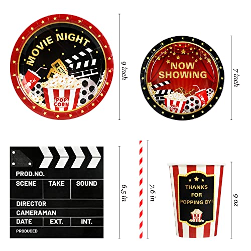 Recheel Movie Night Party Supplies Decorations, Movie Theme Birthday Paper Plates and Napkins Set with Cups and Straws for 24 Guests, 120 Pcs Disposable Party Snack Dinnerwares - Image 2