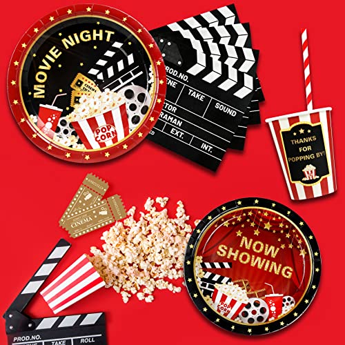 Recheel Movie Night Party Supplies Decorations, Movie Theme Birthday Paper Plates and Napkins Set with Cups and Straws for 24 Guests, 120 Pcs Disposable Party Snack Dinnerwares - Image 3