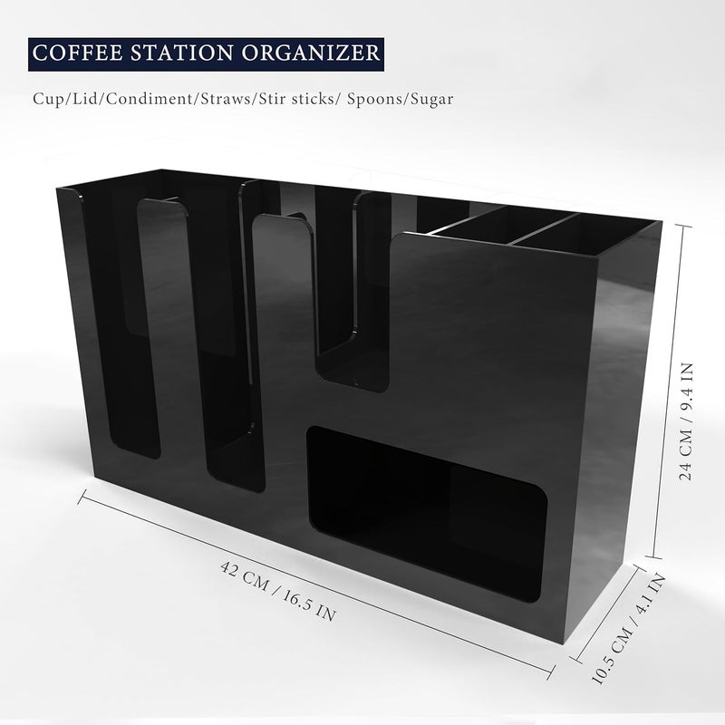 HeiMma Paper Cup and Lid Holder with Straw Organizer, 6 Compartment Disposable Coffee Cup Dispenser for Countertop Coffee Bar Accessories Restaurant Breakroom, Acrylic, Black - Image 2