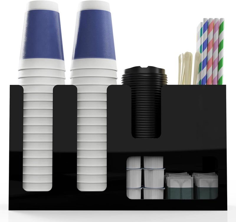 HeiMma Paper Cup and Lid Holder with Straw Organizer, 6 Compartment Disposable Coffee Cup Dispenser for Countertop Coffee Bar Accessories Restaurant Breakroom, Acrylic, Black - Image 1