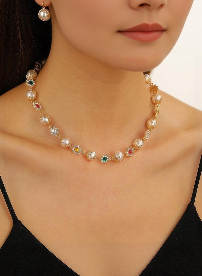 DAEVO Gold Plated Vintage Palace‑Style Pearl Choker Necklace Women Colorful Gemstone Floral Charm Elegant Wedding Party Formal Statement Gift Jewelry - Image 1