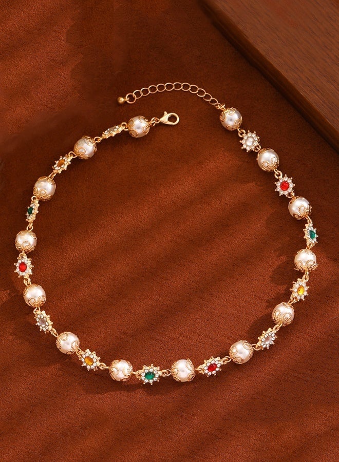 DAEVO Gold Plated Vintage Palace‑Style Pearl Choker Necklace Women Colorful Gemstone Floral Charm Elegant Wedding Party Formal Statement Gift Jewelry - Image 4