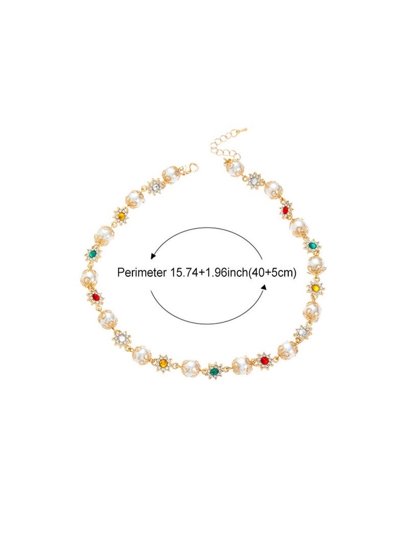 DAEVO Gold Plated Vintage Palace‑Style Pearl Choker Necklace Women Colorful Gemstone Floral Charm Elegant Wedding Party Formal Statement Gift Jewelry - Image 5