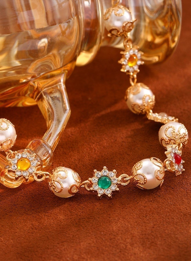 DAEVO Gold Plated Vintage Palace‑Style Pearl Choker Necklace Women Colorful Gemstone Floral Charm Elegant Wedding Party Formal Statement Gift Jewelry - Image 2