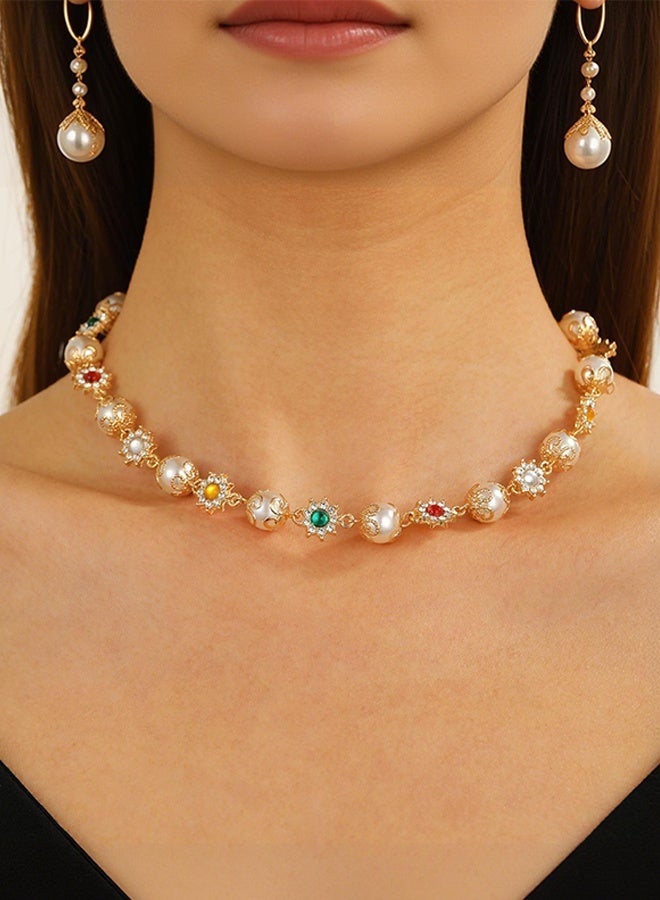 DAEVO Gold Plated Vintage Palace‑Style Pearl Choker Necklace Women Colorful Gemstone Floral Charm Elegant Wedding Party Formal Statement Gift Jewelry - Image 3