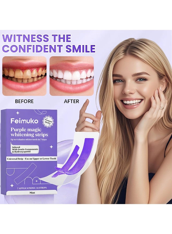 صهر فاي شرائط تبييض الأسنان السحرية البنفسجية، شرائط تبييض الأسنان V34، تبييض الأسنان البنفسجية، علاج تصبغ الأسنان، يبيض الأسنان، العناية باللثة وإزالة التصبغات، يزيل البقع الصفراء ورائحة الفم الكريهة، يجمع بين التبييض وتصحيح اللون، 7 تطبيقات / 14 شريط - Image 3