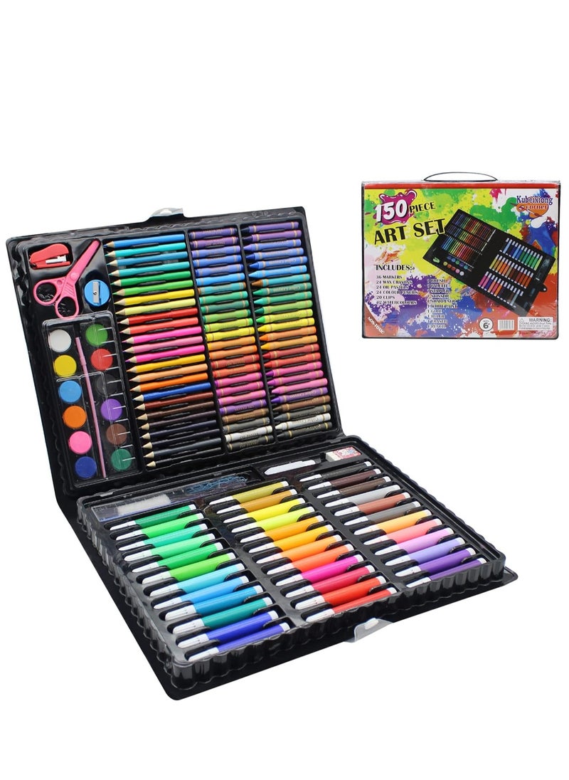 Generic - 150pcs Kids Art Drawing Pens Set Watercolor Oil Pastels Felt Tip Pens with Stickers Stapler Pencil Sharpener Tool in Gift Box - Image 1