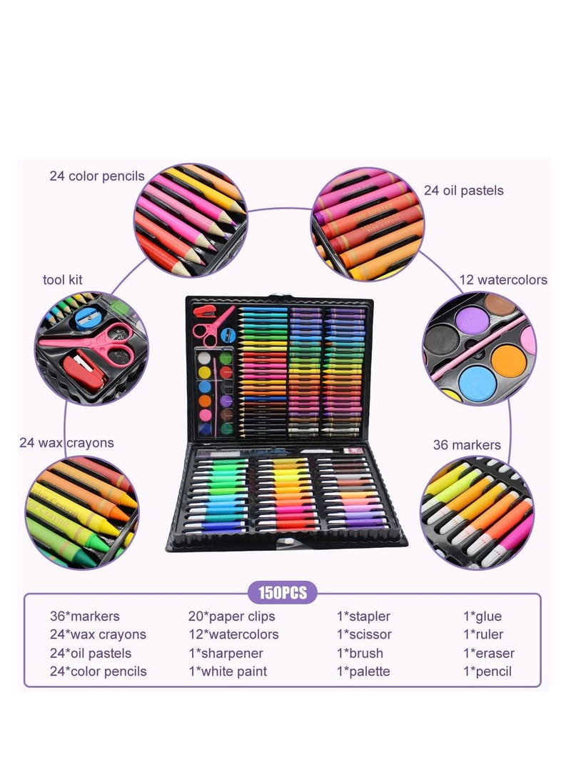 Generic - 150pcs Kids Art Drawing Pens Set Watercolor Oil Pastels Felt Tip Pens with Stickers Stapler Pencil Sharpener Tool in Gift Box - Image 1
