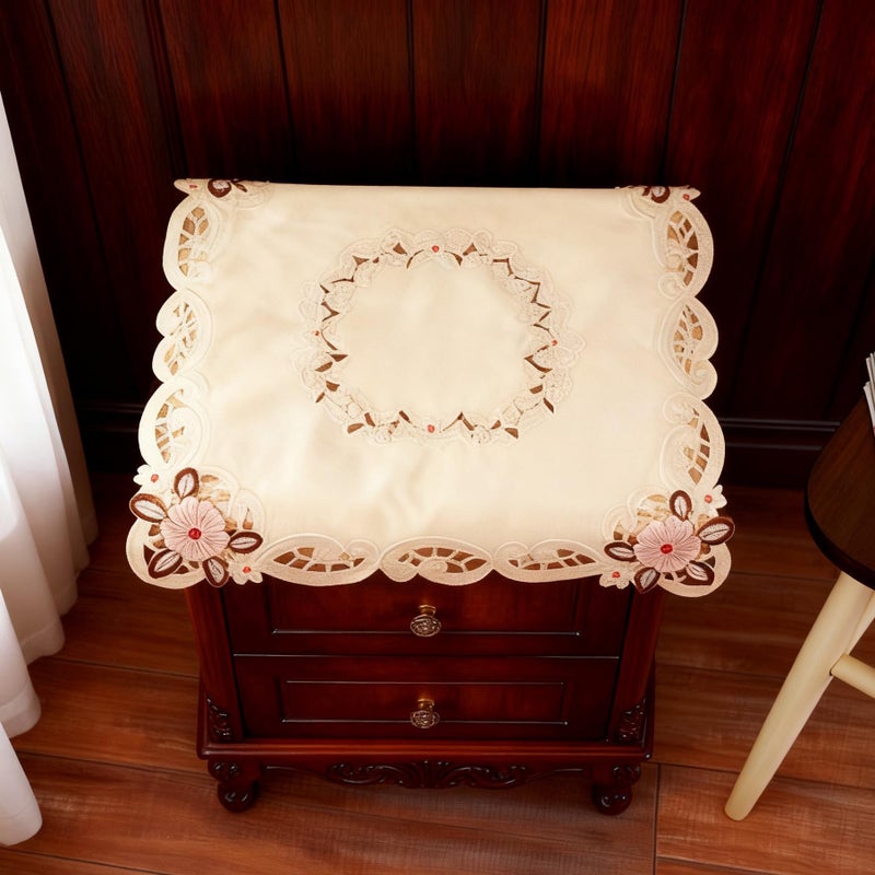 WELLYUK 33 Inch X 33 Inch Vintage Embroidered Pink Flower Beige Classic Lace Square Tablecloth, Elegant Dining Room Home Decoration Table Cloth Cover - Image 3