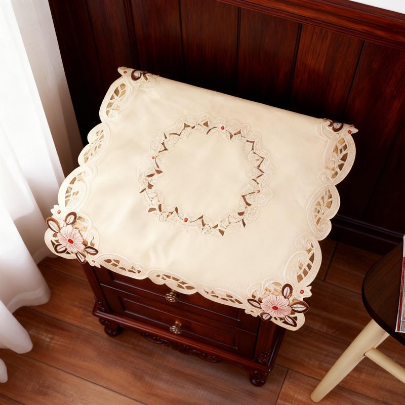 WELLYUK 33 Inch X 33 Inch Vintage Embroidered Pink Flower Beige Classic Lace Square Tablecloth, Elegant Dining Room Home Decoration Table Cloth Cover - Image 2